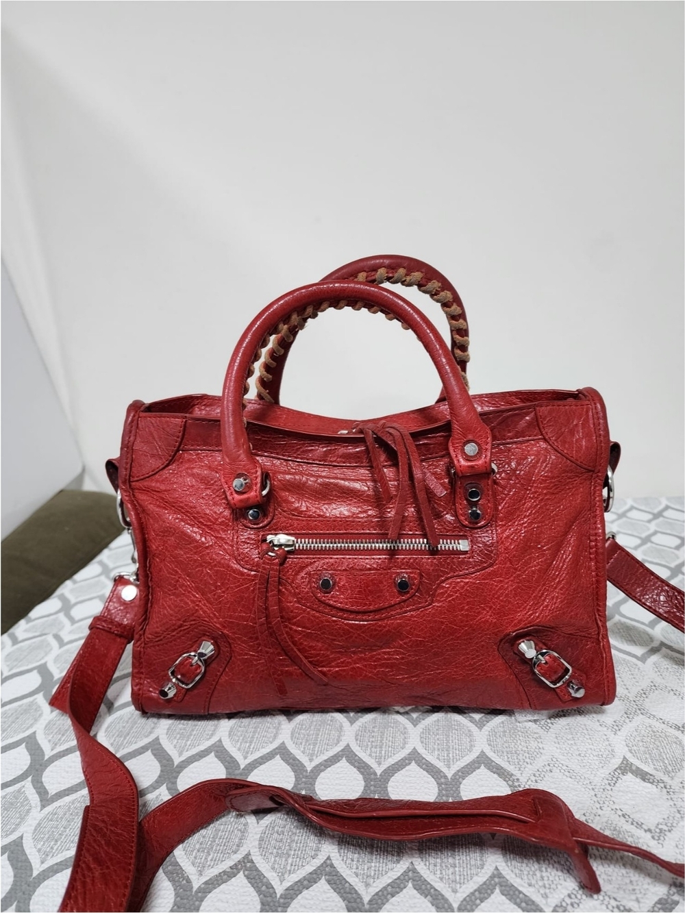 Balenciaga Leather Motocross Classic City Shoulder Bag Red
